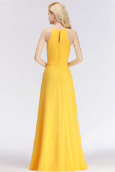 Modest High-Neck Yellow Chiffon Affordable Bridesmaid Dresses Online-27dress